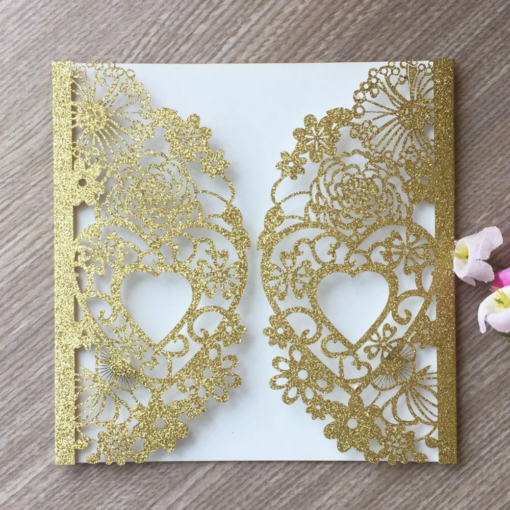

30pcs Luxury Shiny Rose Gold/Silver Glitter Paper Heart with Flower wedding invitation Cover card Birthday Dinner Greeting card