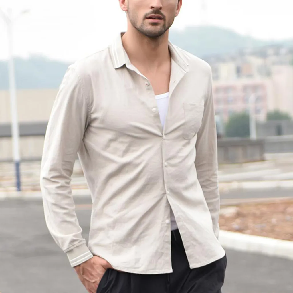 2019 Men Fashion Vintage Pure Color Button Linen Solid Long Sleeve Retro Shirts Tops Blouse camisa masculina manga longa 50 | Мужская