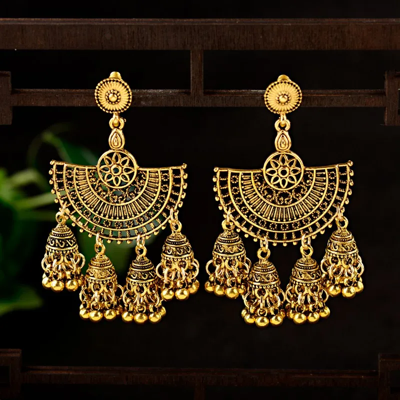 Этническое племя модные женские золотые геометрические Висячие серьги Jhumka