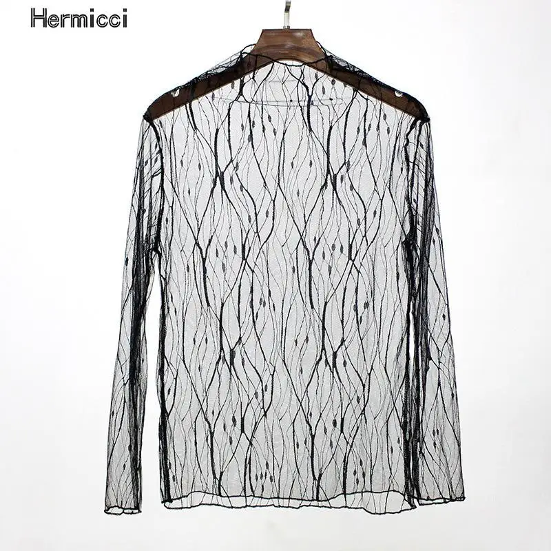 Женская прозрачная блузка с длинным рукавом черная сетчатая в стиле панк Клубная