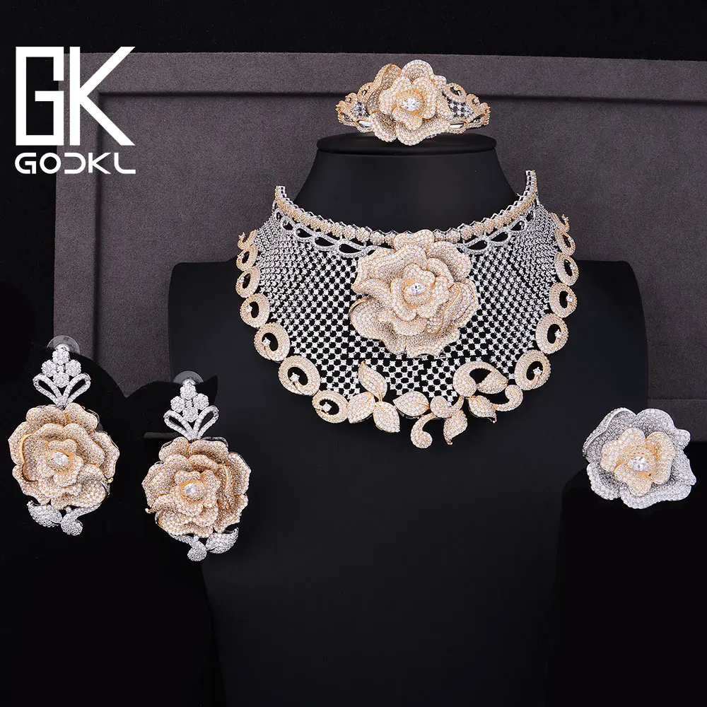 GODKI роскошные розовые цветы кубический цирконий нигерийские Ювелирные наборы