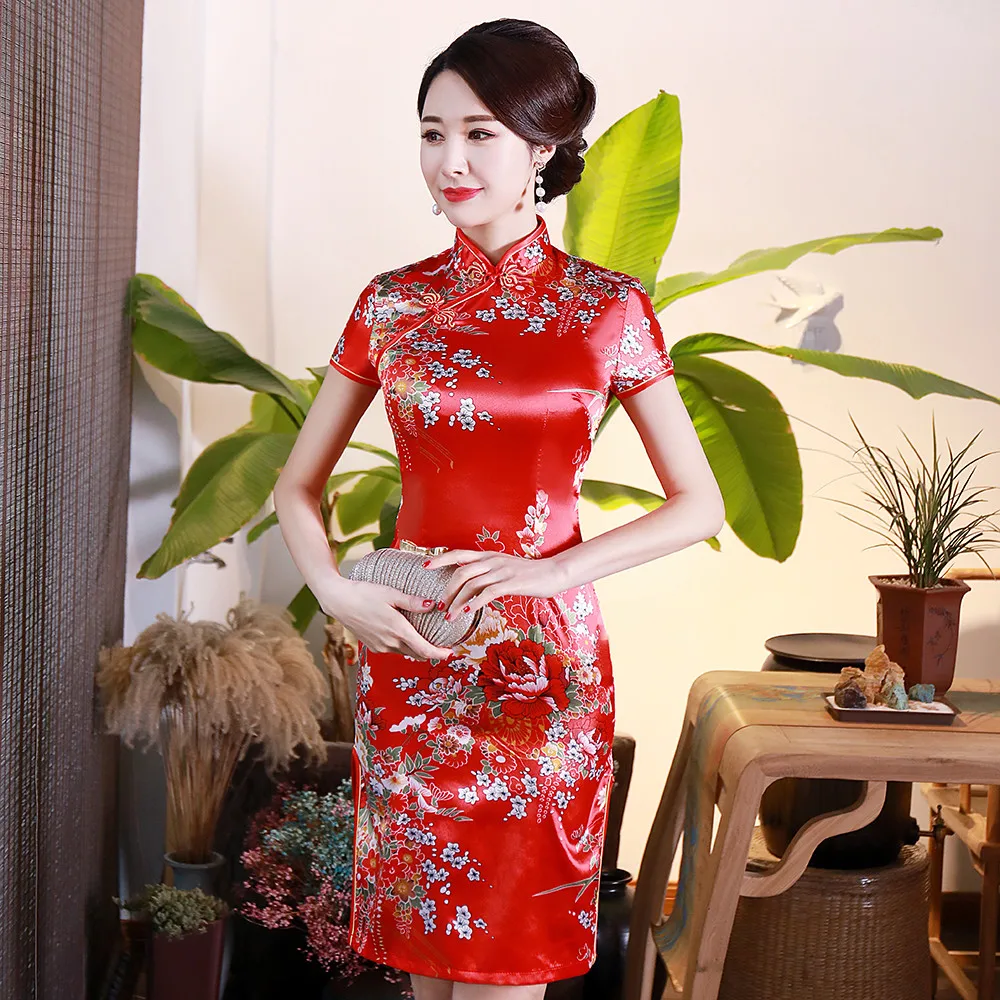 

Sexy Asian Bride Wedding Lady Cheongsam Traditional Elegant Women Chinese Dress Vestidos Oversize 3XL-6XL Satin Print Qipao