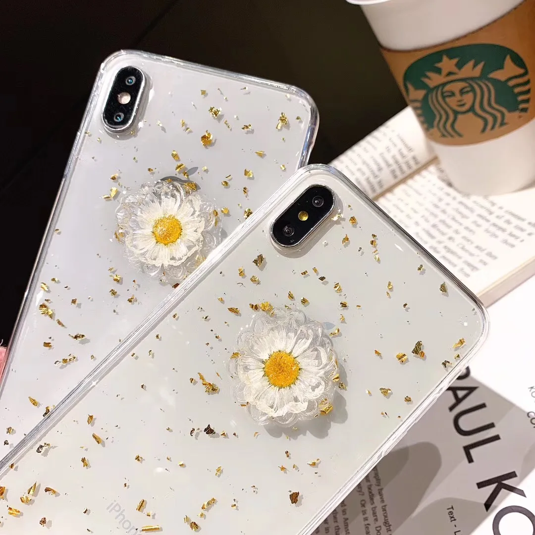 Glitter 3D Daisy Dried Real Flowers Clear Phone Case For iPhone XS Max XR 6 6S 7 8 Plus X Transparent Soft Silicone Cover |