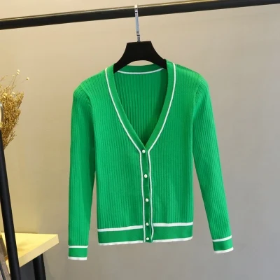 Grass green YAGENZ полосатый кардиган, женские вязаные свитера, весеннее и осеннее пальто с v-образным вырезом, плюс размер, женский тонкий свитер с длинным рукавом, короткое пальто - Цвет: Grass green