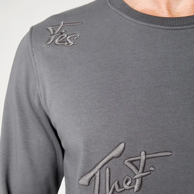 KUEGOU 2021 осень хлопок вышивка простая черная толстовка мужская Crewneck тонкая Мода