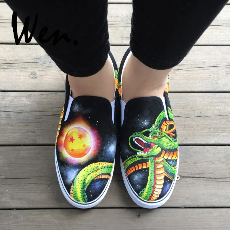 Вэнь ручная роспись обувь на заказ Аниме Жемчуг дракона Зеленый Shenron слипоны на плоской подошве парусиновые кроссовки Низкий верх платформа плимсоллы