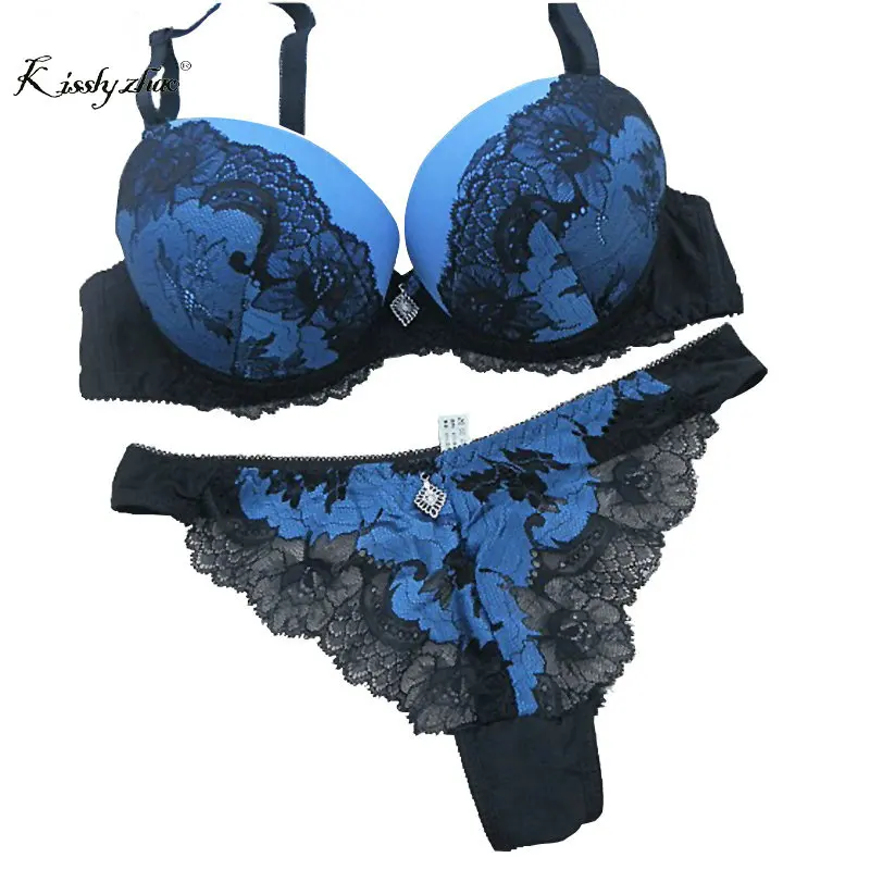 Lace ABC thongs women bra set Sexy Black red hollow out underwear panty set lady intimates bralette Push up bra brief set