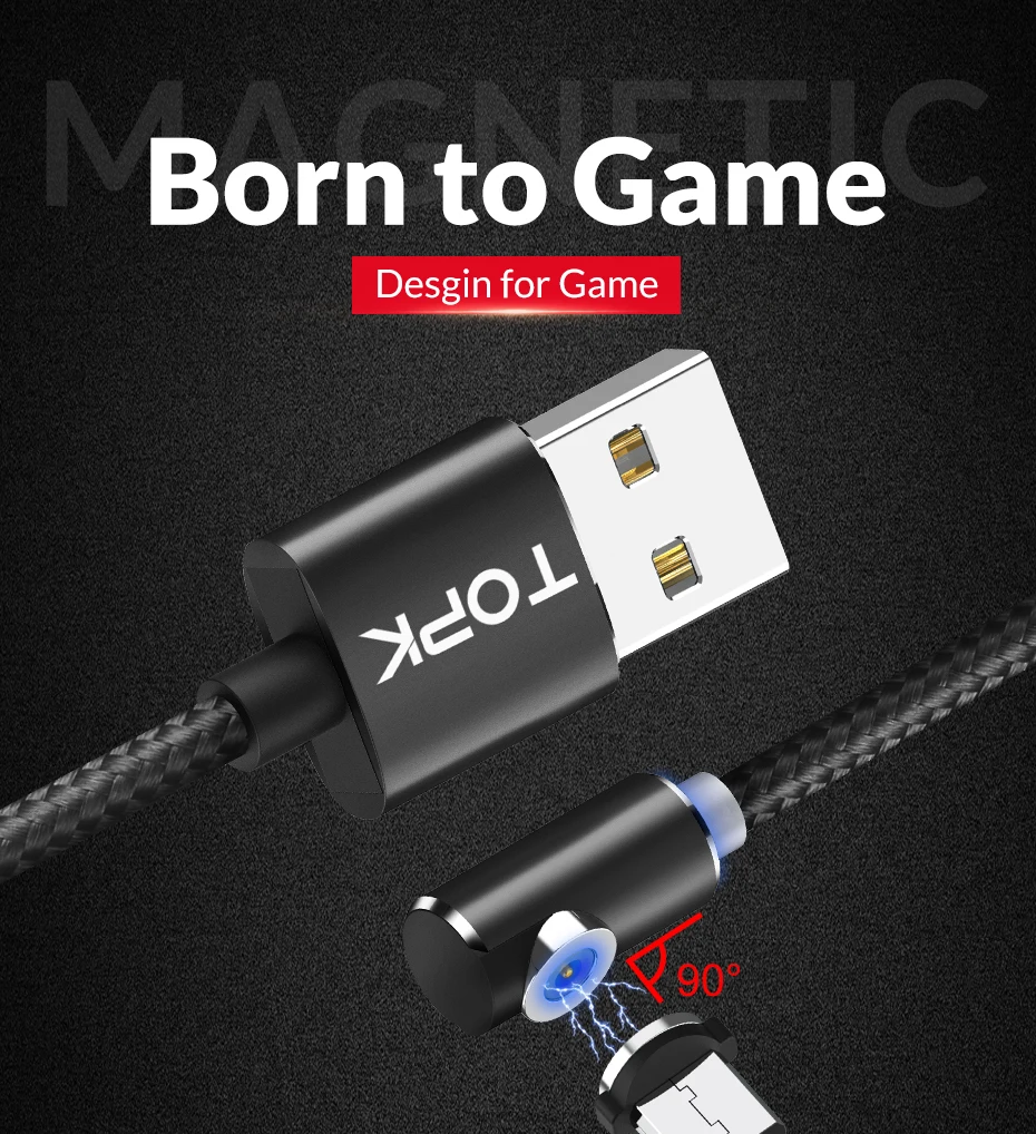 TOPK AM51 90 градусов светодиодный Micro USB кабель Магнитный зарядный кабель для iPhone samsung Xiaomi usb type C Магнитный зарядный кабель адаптер