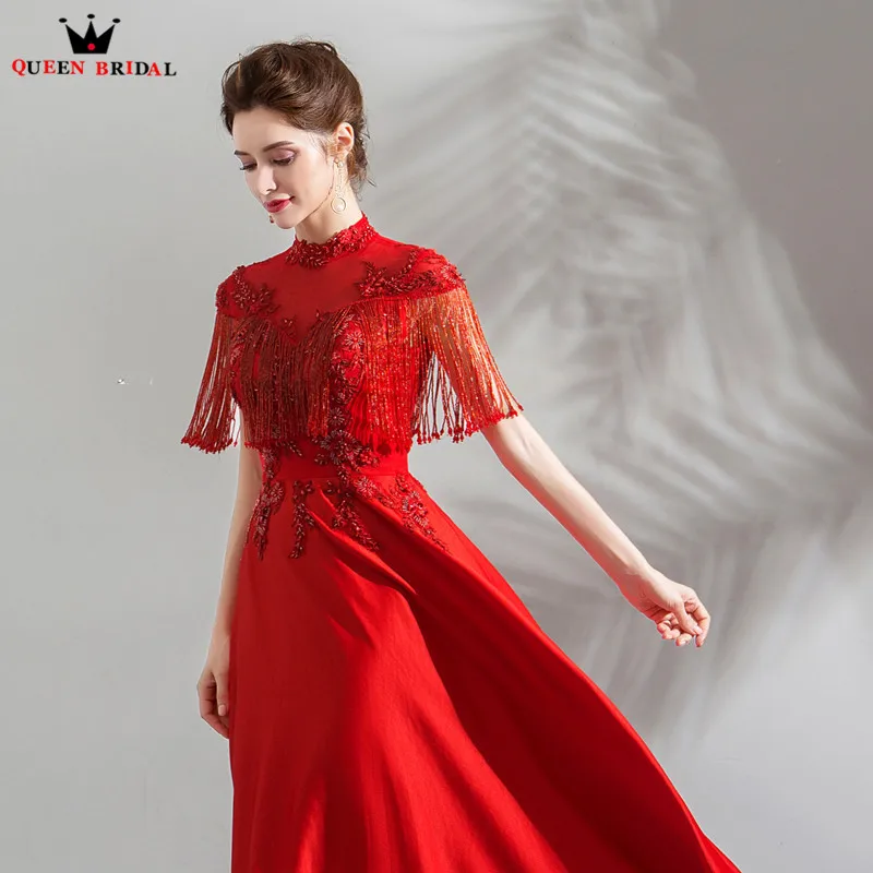 A-line High Neck Lace Beading Crystal Elegant Formal Red Evening Dresses 2018 New Arrival Gown Robe De Soiree JU59 | Свадьбы и