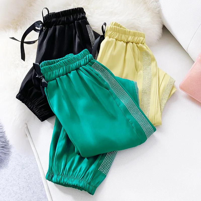 Новинка 2019 корейские летние женские штаны шаровары зеленые розовые Сатиновые