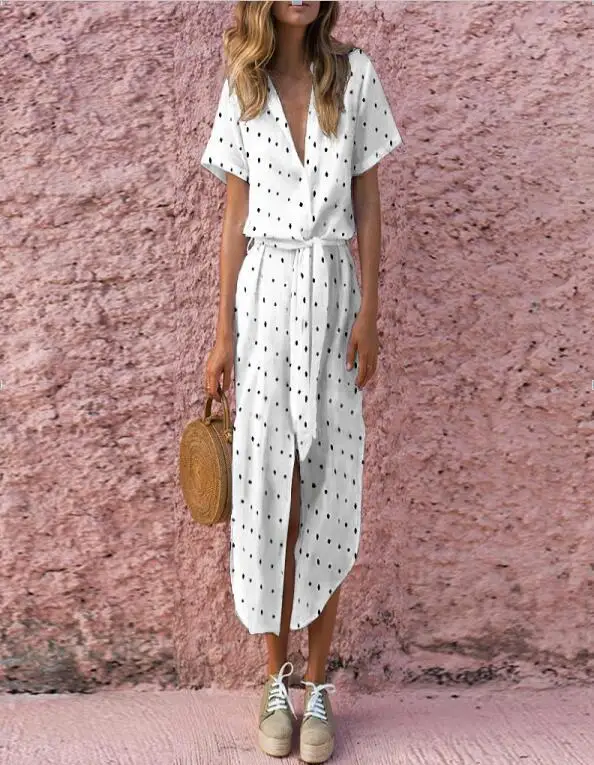 Sexy Casual Daily Bow Tie V Neck Dot Button Dress Short Sleeve Long Women Vestido Midi Plus Size 50j372 | Женская одежда