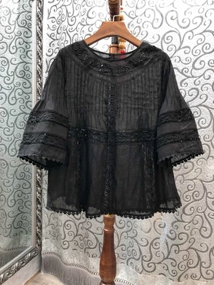 black Льняная блузка рубашка летняя модная винтажная блузка женская открытая вышивка 3/4 рукав Повседневная белая черная блузка - Цвет: black