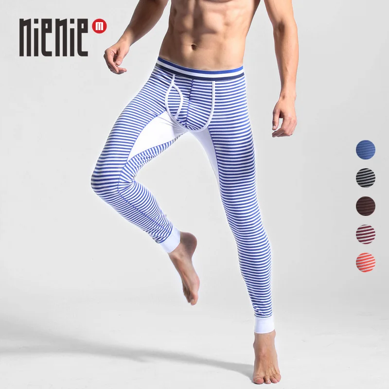 

New Men's Long Johns Thermal Underwear Striped Warm Elastic Tights Leggings Winter Autumn Pants Bottoms