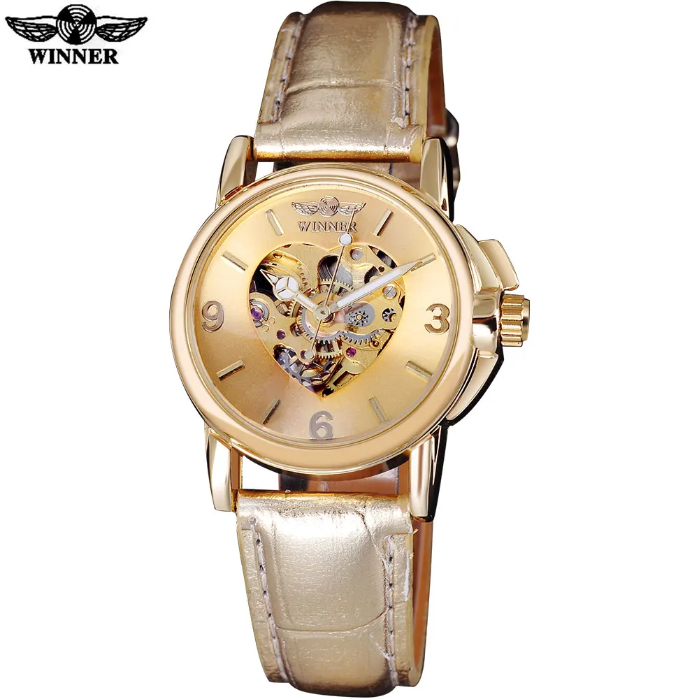 2016 WINNER popular brand women watches luxury automatic self wind watch skeleton dials transparent glass gold case leather band | Наручные