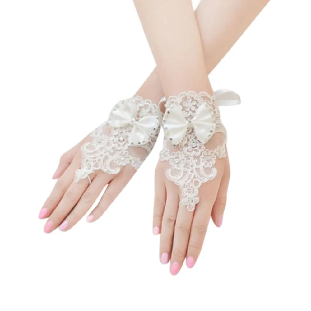 

Full Finger gloves Women Men WarmHot Selling New Rhinestone Lace Brides Floral Bowknot Fingerless Short GlovesY418