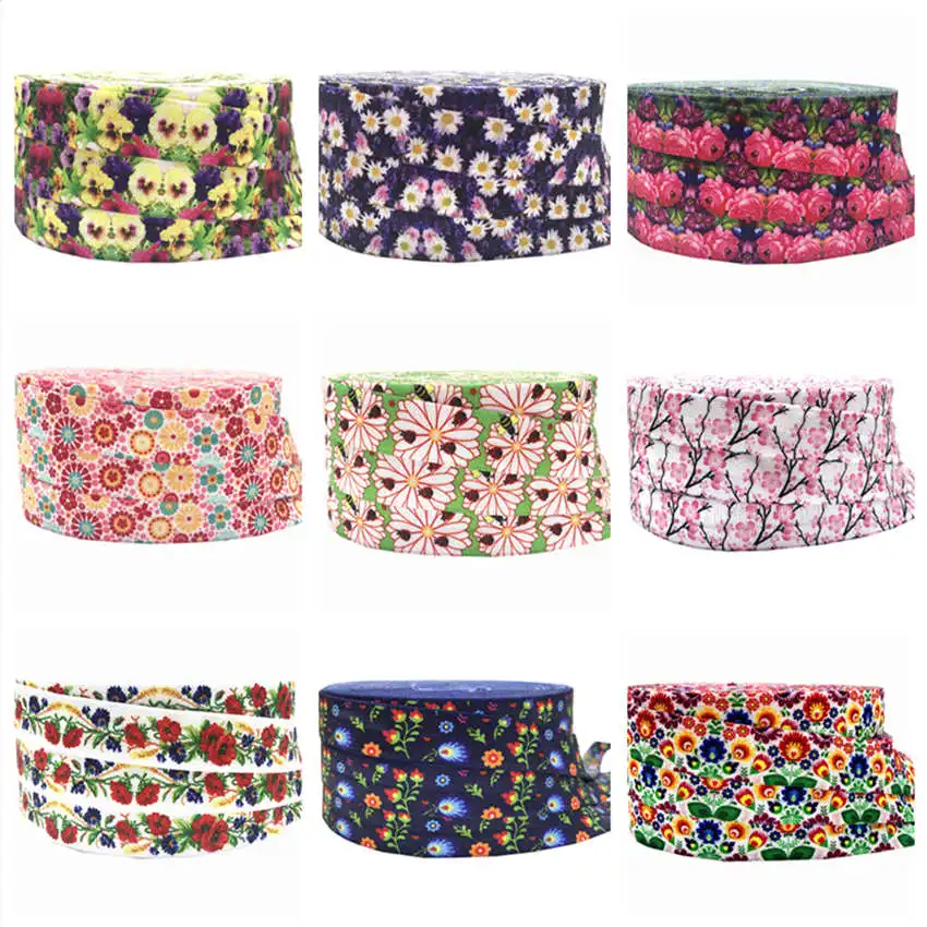 

10Yards 15mm Daisy Flowers Cactus Print Fold Over Elastic Stretchy FOE Girls' Hair Tie Accessories DIY Handmade Webbing Headband