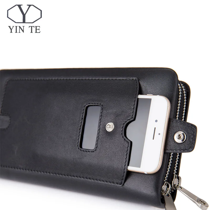 YINTE 2017 Leather Vintage Solid Clutch Bag Phone Cases Brand Mens Wallet Double Zipper Genuine Leather Bag T1611-3A