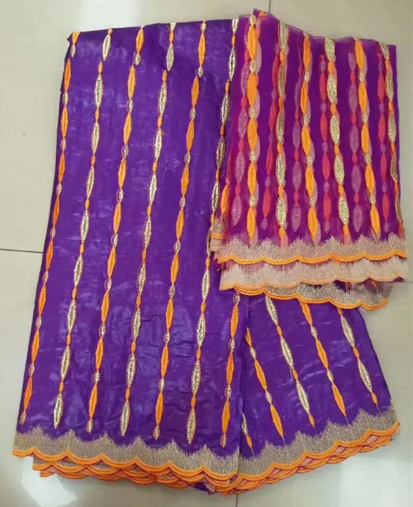 Coffee bazin getzner with orange stripes embroidery 5yards match 2yards tulle lace for sewing african new dress Oct-7-2017 | Дом и сад