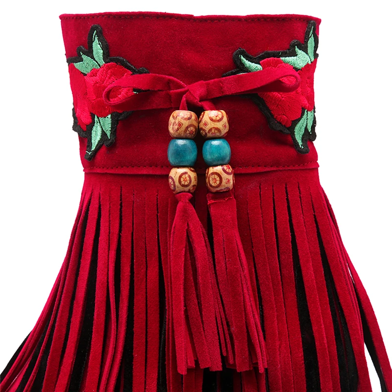 

2019 Ethnic Style Embroidery Plus Size 34-43 Women Shoes Height Increasing Fringe Black Red Winter Boots Women Fashion 786