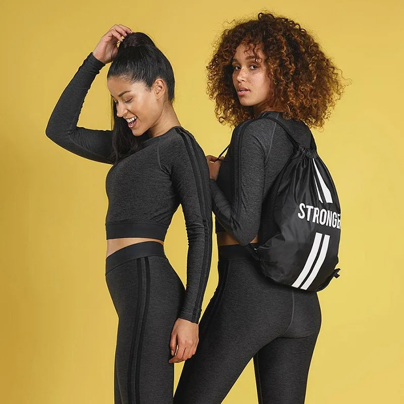 Fitness Long Sleeve Crop Tops Elastic Leggings 2 Pieces Set 2019 Spring Summer Women Fashion Sportswear Casual Striped Sets | Женская