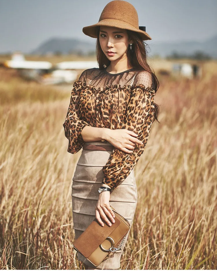 Корейский Для женщин Элегантный Leopard Блузка Топы корректирующие сетки лоскутное