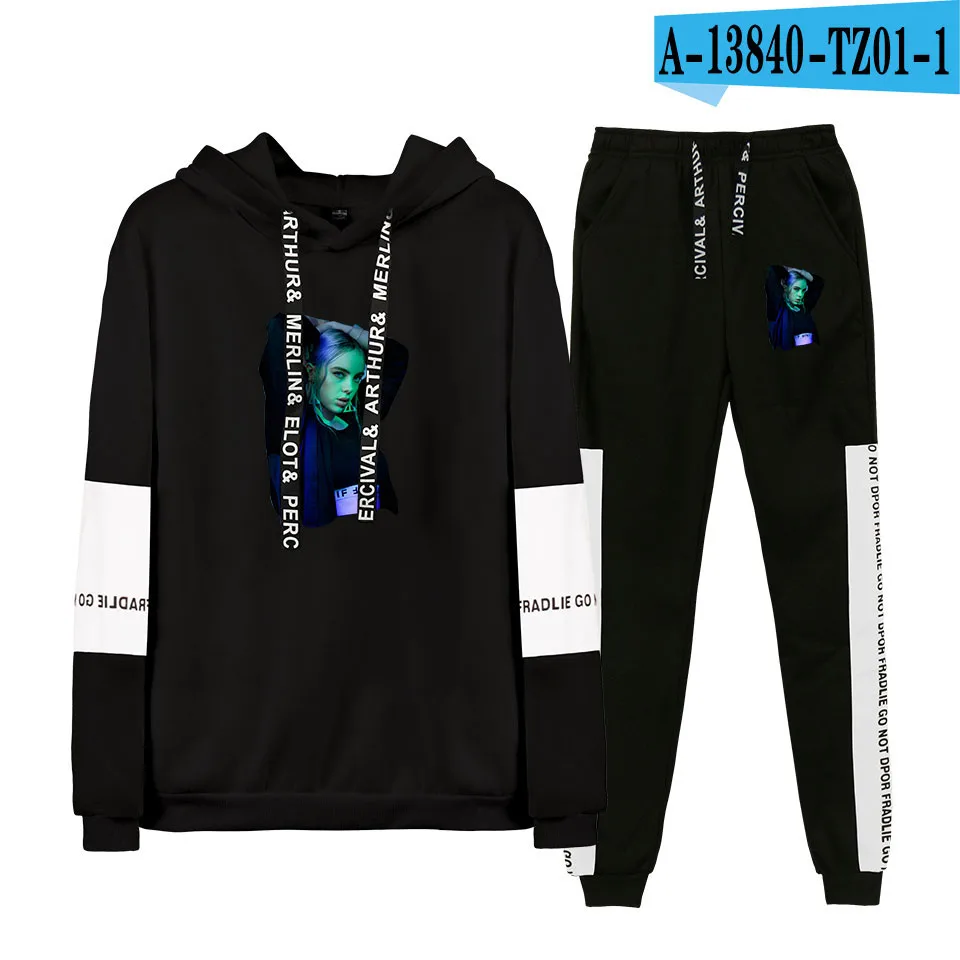 black Новинка billie eilish, толстовка с капюшоном, женская мода, белые толстовки, свитшоты+ черные спортивные штаны, костюмы, Осень-зима, теплый пуловер - Цвет: black
