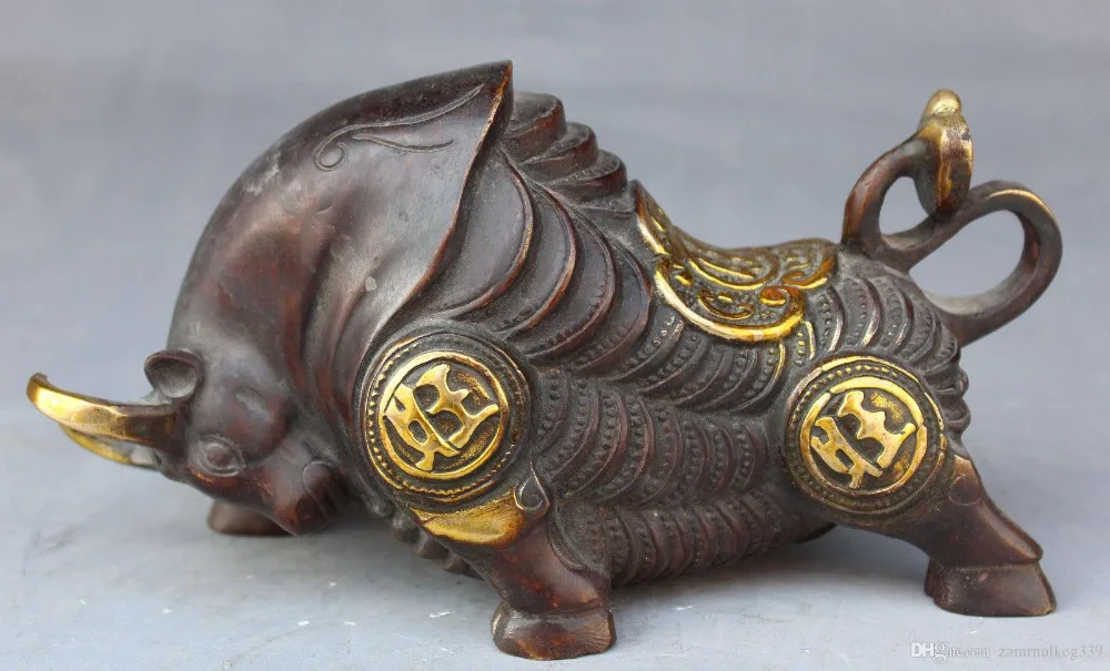 20 см китайские народные бронзовые позолоченные монеты богатства год зодиака бык