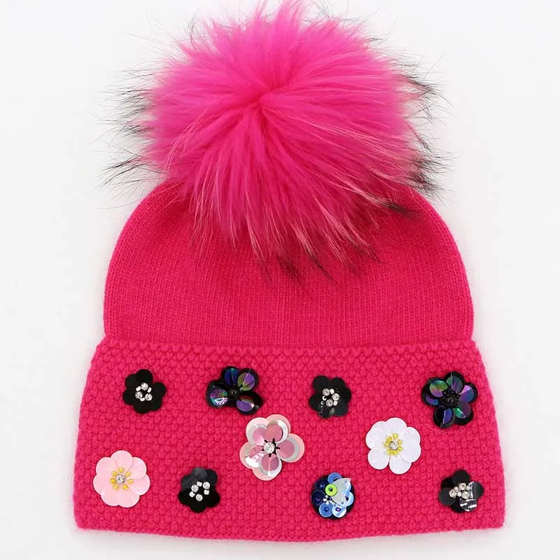 hot pink Дизайн, зимняя женская шерстяная шапка с большим натуральным мехом, вязаные шапки с помпонами, мягкие шапки Skullies с цветочным узором для женщин и девушек - Цвет: hot pink