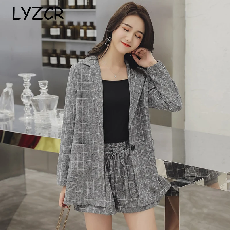 Lyzcr Plaid Office 2 Piece Suit Set Women Plus Size Summer Womens Tops And Shorts Sets two Women‘s large | Женская одежда
