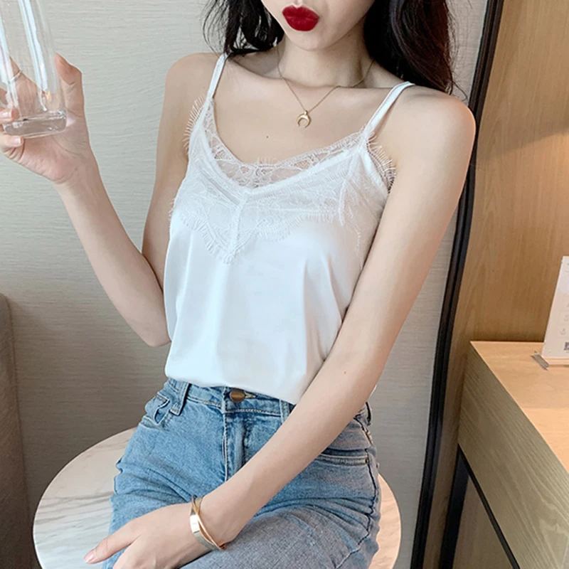 Майка женская кружевная с V образным вырезом пикантный Шелковый топ без рукавов