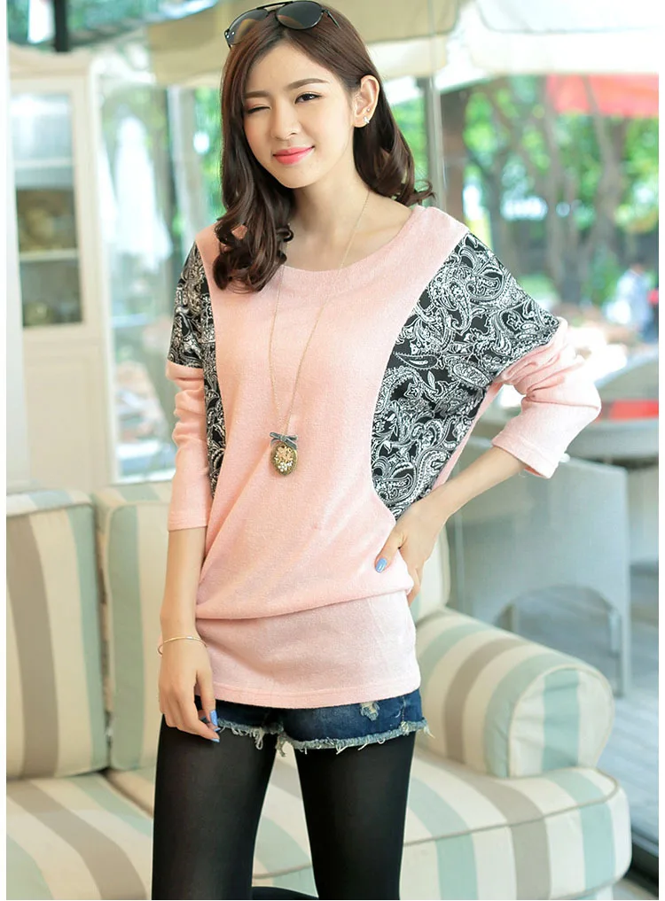 2016 новый Большой размер футболки зиму Batwing трикотажные женщины печать свободного