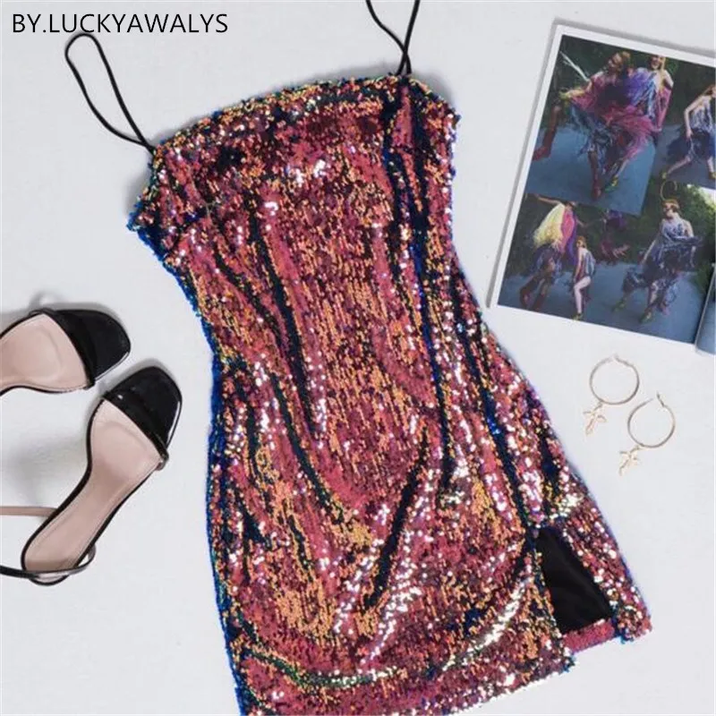 2019 летнее модное блестящее платье с разрезом и блестками женское мини без