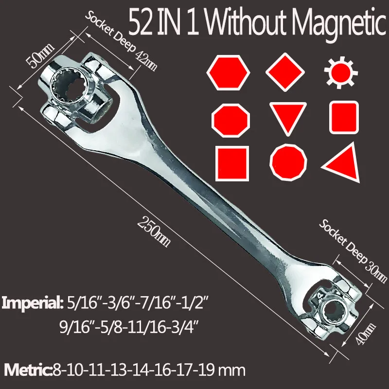 G52 Without Magnetic Тигр Ключ, дюймовый стандарт розетки работает с сплайн болты Torx 360 градусов 6-точечный 48/8 в 1 универсальный мебель Авто гаечный ключ для ремонта ручные инструменты - Цвет: G52 Without Magnetic