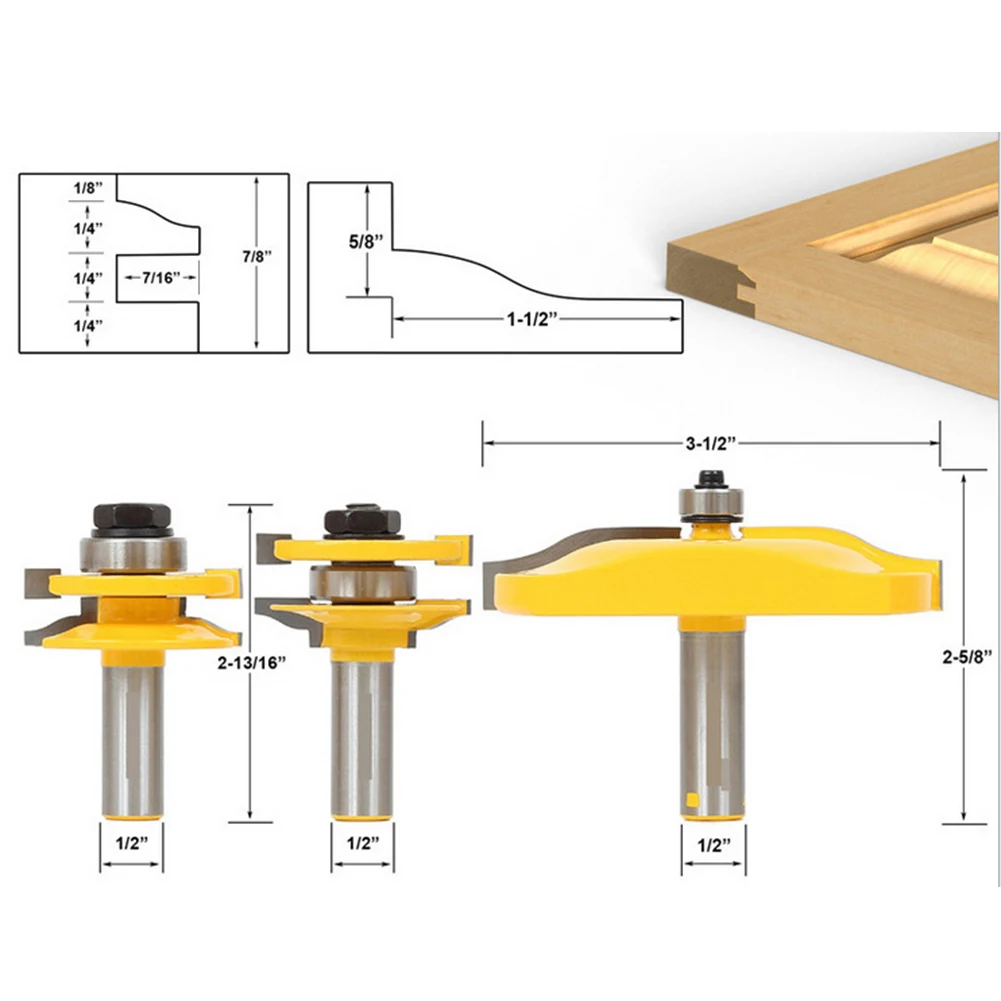 3 шт. 1/2 ''хвостовик Ogee Rail &amp Stile Router Bit бухта поднятая Панель Набор инструментов