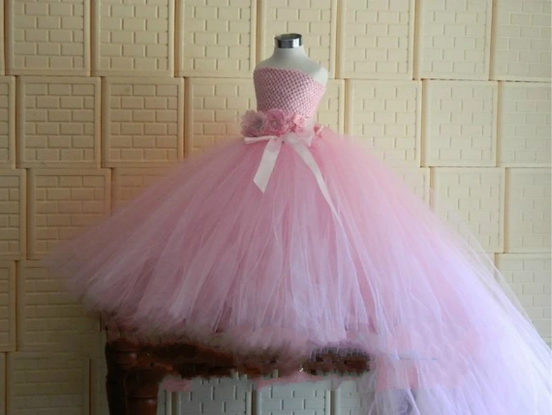POSH DREAM Pink Flower Girls Wedding Dress with Long Train Belt Kids Birthday Party Tutu Dresses Clothes | Детская одежда и обувь
