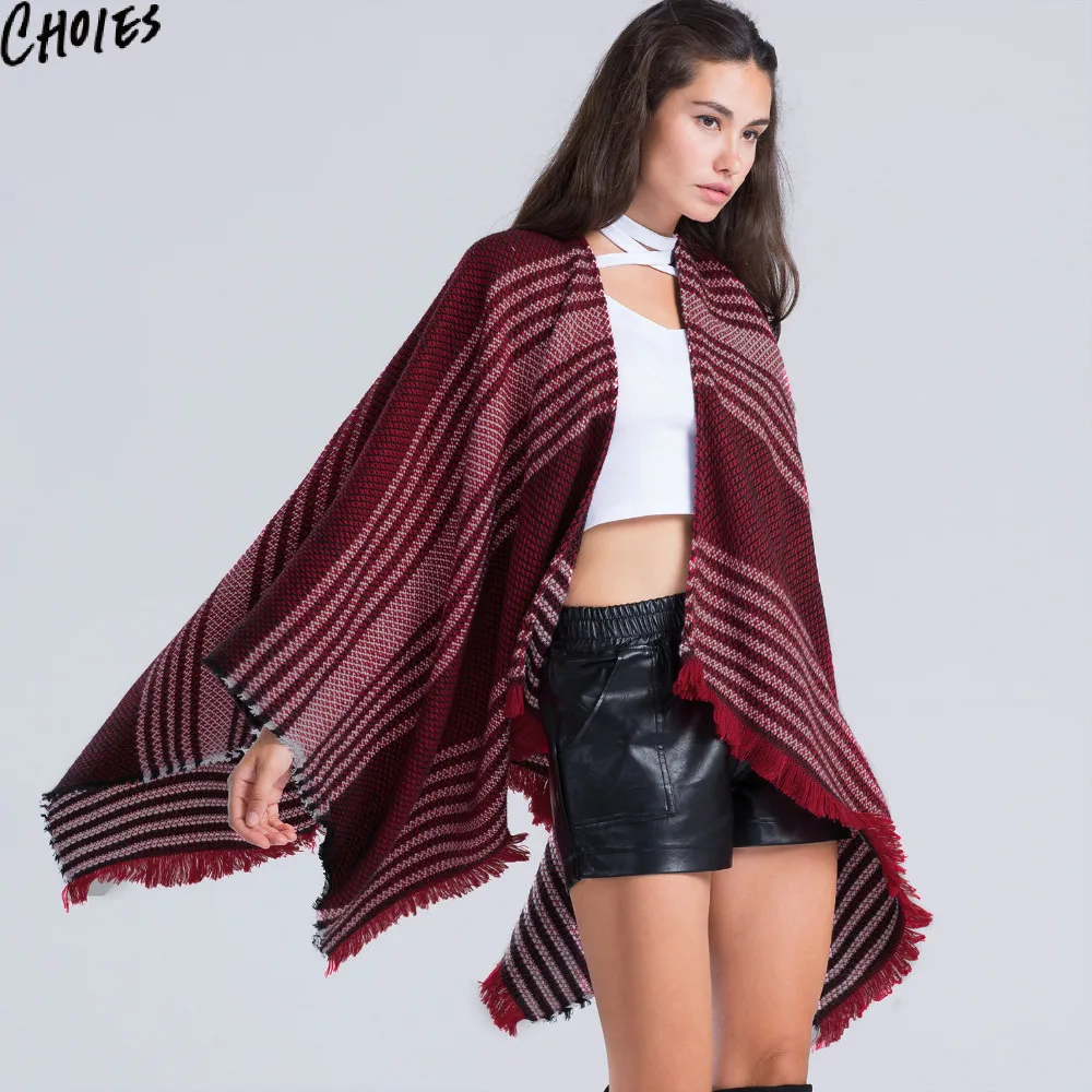 Women Fringed Pashmina Scarf Cape Red Striped Loose Casual Knitted Tassel Poncho 2016 Fall Winter New | Аксессуары для одежды