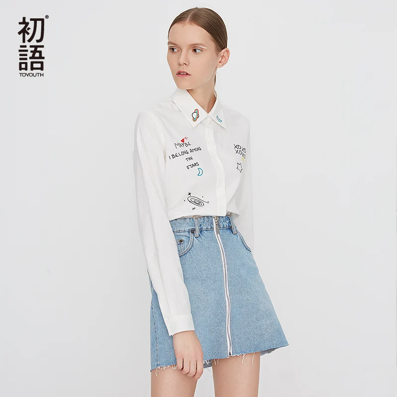 Toyouth Для женщин с вышивкой блузка отложным воротником рубашки письмо Harajuku
