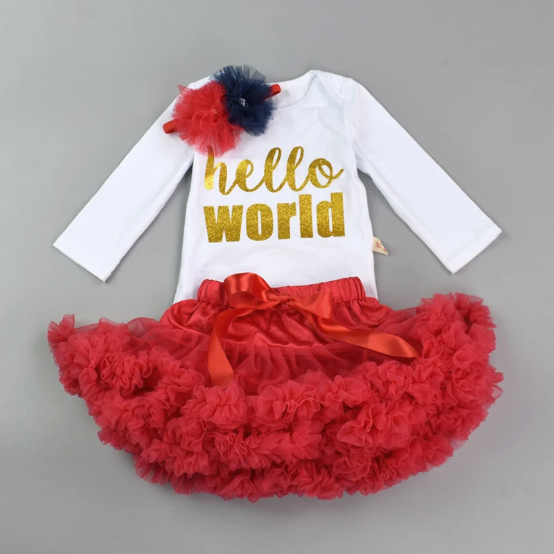 White Red hello Новинка; боди для новорожденных девочек; комплект одежды для дня рождения; Детский комбинезон с принтом+ юбка-американка с бантом+ повязка на голову с цветочным принтом - Цвет: White Red hello