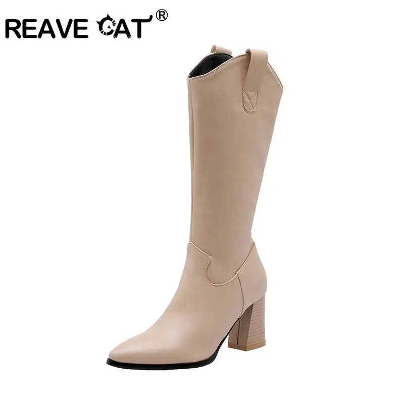 Женские сапоги до середины икры REAVE CAT зимние кожаные ковбойские с острым носком и