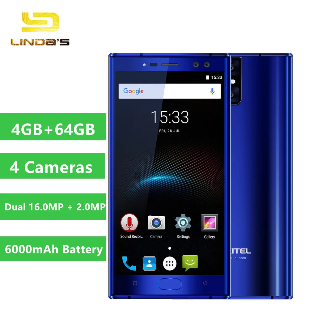 Oukitel K3 Mobile Phone MT6750T Octa Core 4GB+64GB 5.5&quot Dual 2.5D Screen 6000mAh 4 Cameras 16MP+2MP Front Fingerprint Smartphone |
