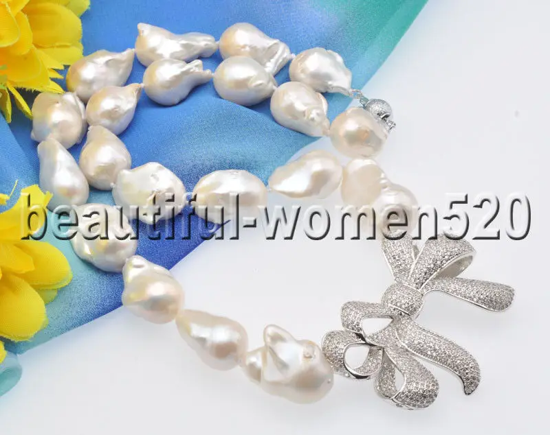 

Z8931 Huge 28mm White Baroque Keshi Pearl Necklace Bowknot CZ 18inch