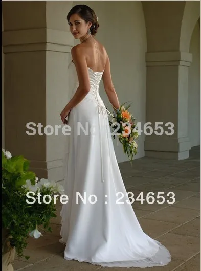 2013 Strapless A-Line Lace Chiffon Satin Sleeveless Beach Wedding Dresses with Sweep Train Up Bridal Gown | Свадьбы и торжества