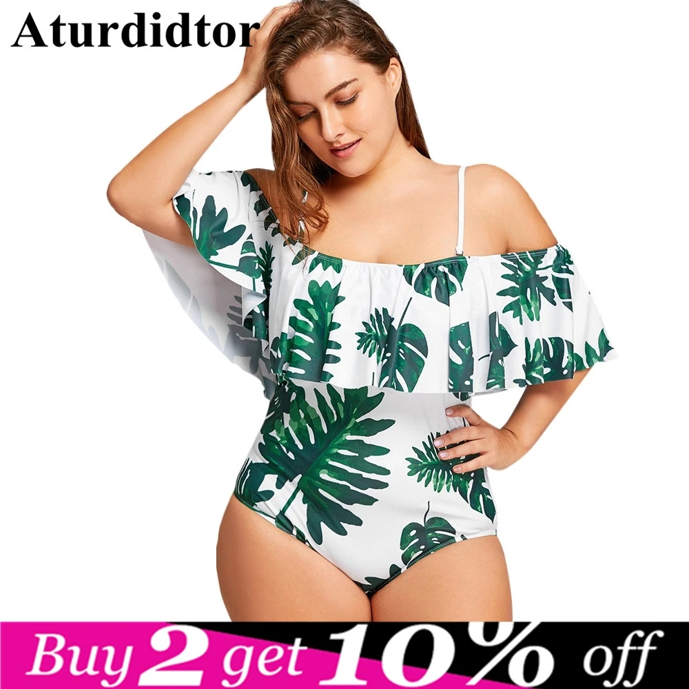 Плюс размер одежда для плавания листья тропических растений Волан ремень