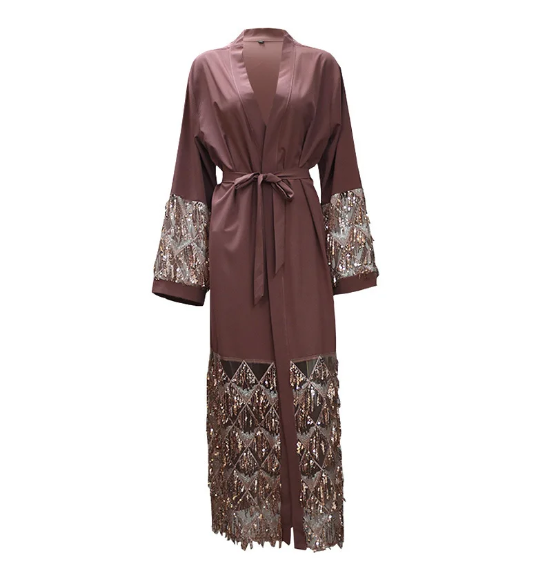 Женское длинное платье кардиган abaya черное кружевное с пайетками поясом макси