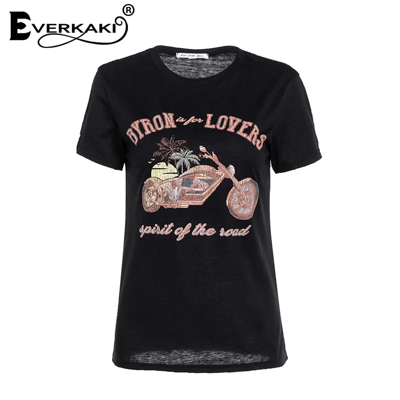 black Everkaki, винтажная женская футболка с рисунком мотоцикла, Ретро стиль, футболки и топы, короткий рукав, Boho, принт, футболка, лето - Цвет: black