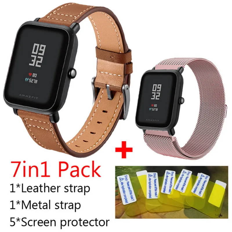3в1 кожаный+ Миланский ремень из нержавеющей стали для Xiaomi Huami Amazfit Bip Bit ремешок Youth Edition часы пульсометр - Цвет: 06