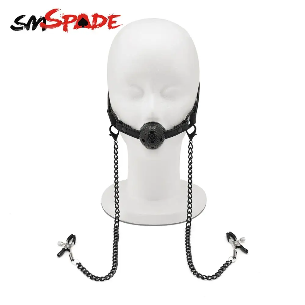 Металлические зажимы SMSPADE с открытым дышащим кожаным шариком для игр в рот