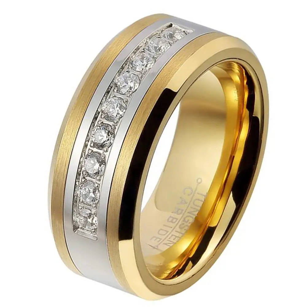 

Pipe Cut Gold Tungsten Rings with 9 Cubic Zirconia Eternity Rings for men women Comfort Fit Engagement & Promise Jewelry