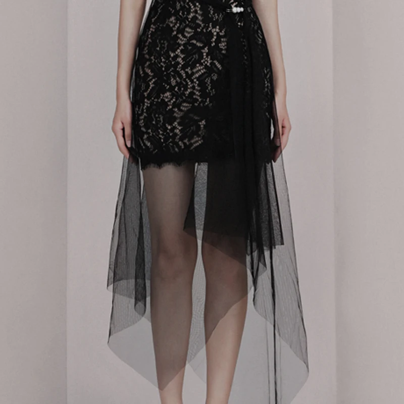Max Spri 2019 New Elegent Black Women Party Spaghetti Strap Backless Floral Lace Sashes Pearl Asymmetrical Hemline Midi Dress | Женская