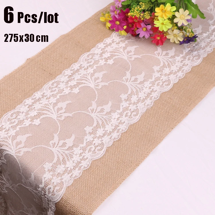 

6 pcs 30cm Wide White Lace Table flag Runner Vintage Natural Jute Wedding Party Decoration Hessian Tablecloth